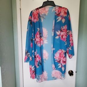 Sheer Fairy  Cover-up Aqua with Pink Roses Swimsuit or Dress  OS 100% Polyester